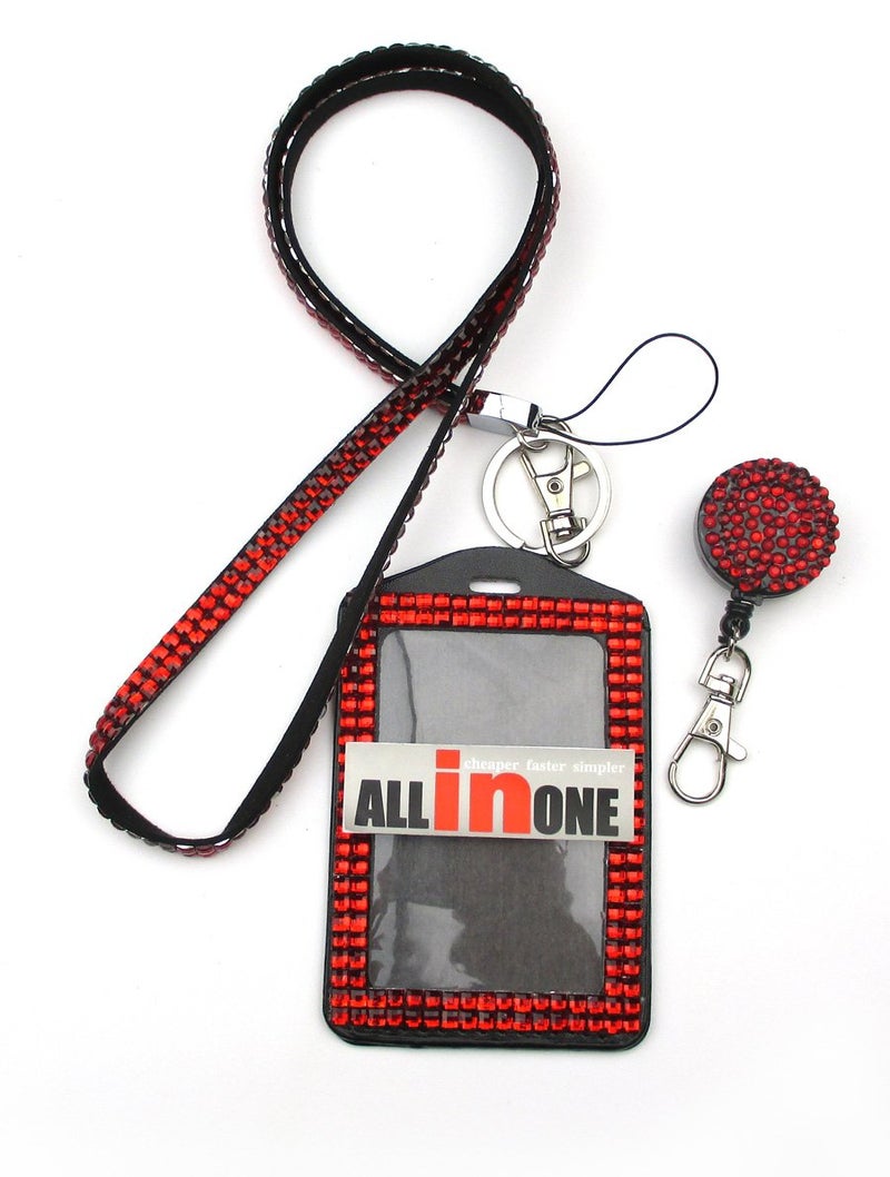 ALL in ONE Rhinestone Lanyard Bling Crystal Necklace + Badge Reel + Card Holder for Business Id/Key (RED) - Image 5